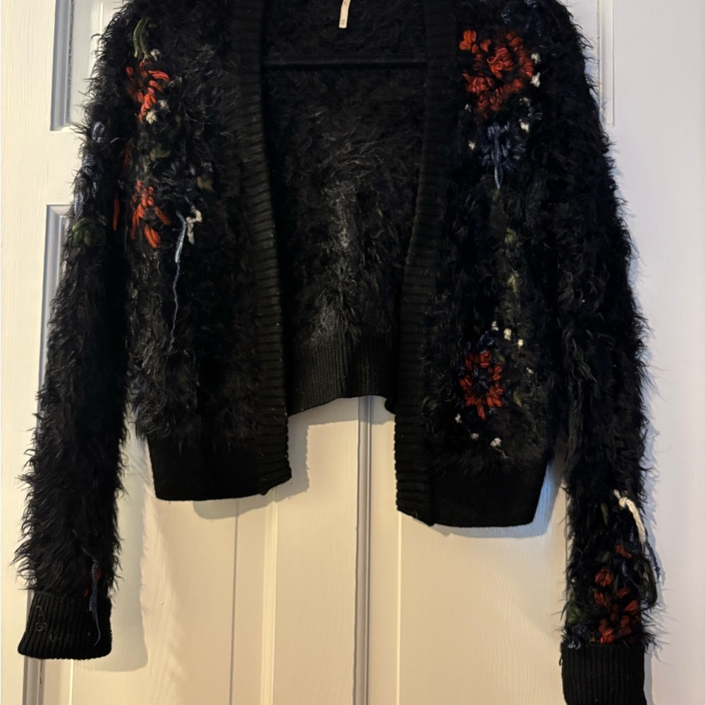 Free People Black Floral Fuzzy Women's Sweater